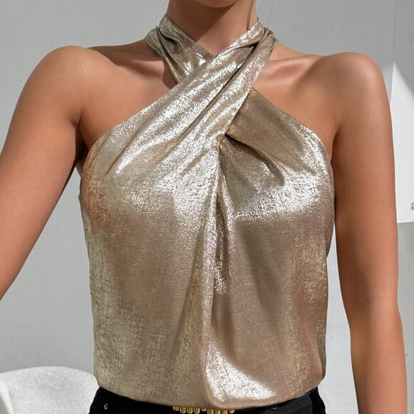 Gold Party Women's Summer Metallic Fabric Crisscross Halter Neck Blouse - Picture 5 of 6
